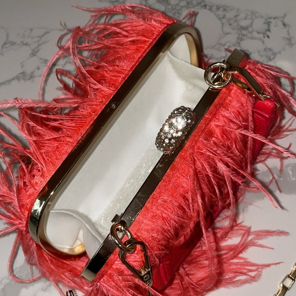 Ostrich Feather Clutch Purse Pink Coral Bag Evening Purse Wedding Dust Bag - Picture 11 of 15